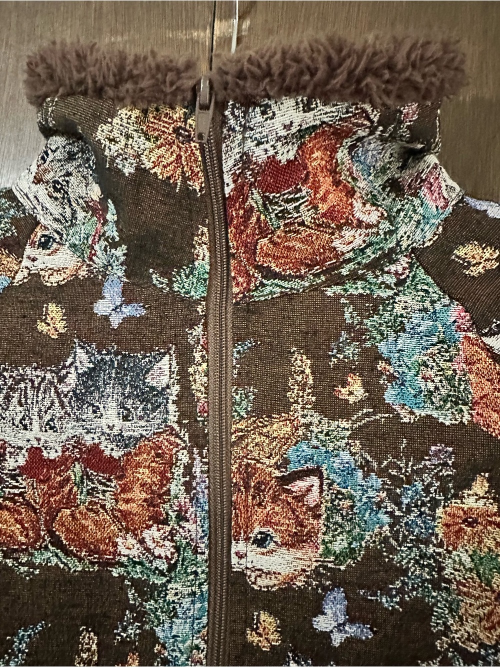 Cider Half-Zip Cafe Brown Sherpa Pullover Tapestry Floral Cat Print Size Large - Picture 9 of 16